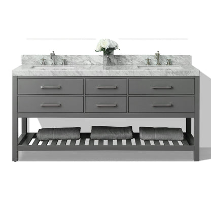 Ancerre Designs Elizabeth 72" Sapphire Gray 4-Drawer 1-Shelf Bathroom Vanity With Italian Carrara White Marble Vanity Top, Double Undermount Ceramic Sinks, 4” Solid Wood Backsplash and Brushed Nickel Hardware