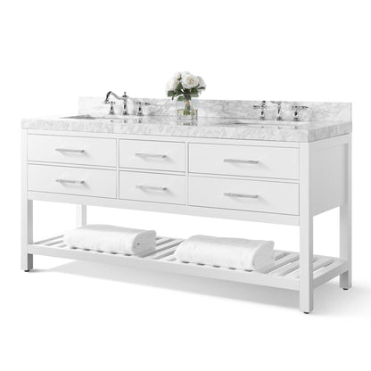 Ancerre Designs Elizabeth 72" White 4-Drawer 1-Shelf Bathroom Vanity With Italian Carrara White Marble Vanity Top, Double Undermount Ceramic Sinks, 4" Solid Wood Backsplash and Brushed Nickel Hardware