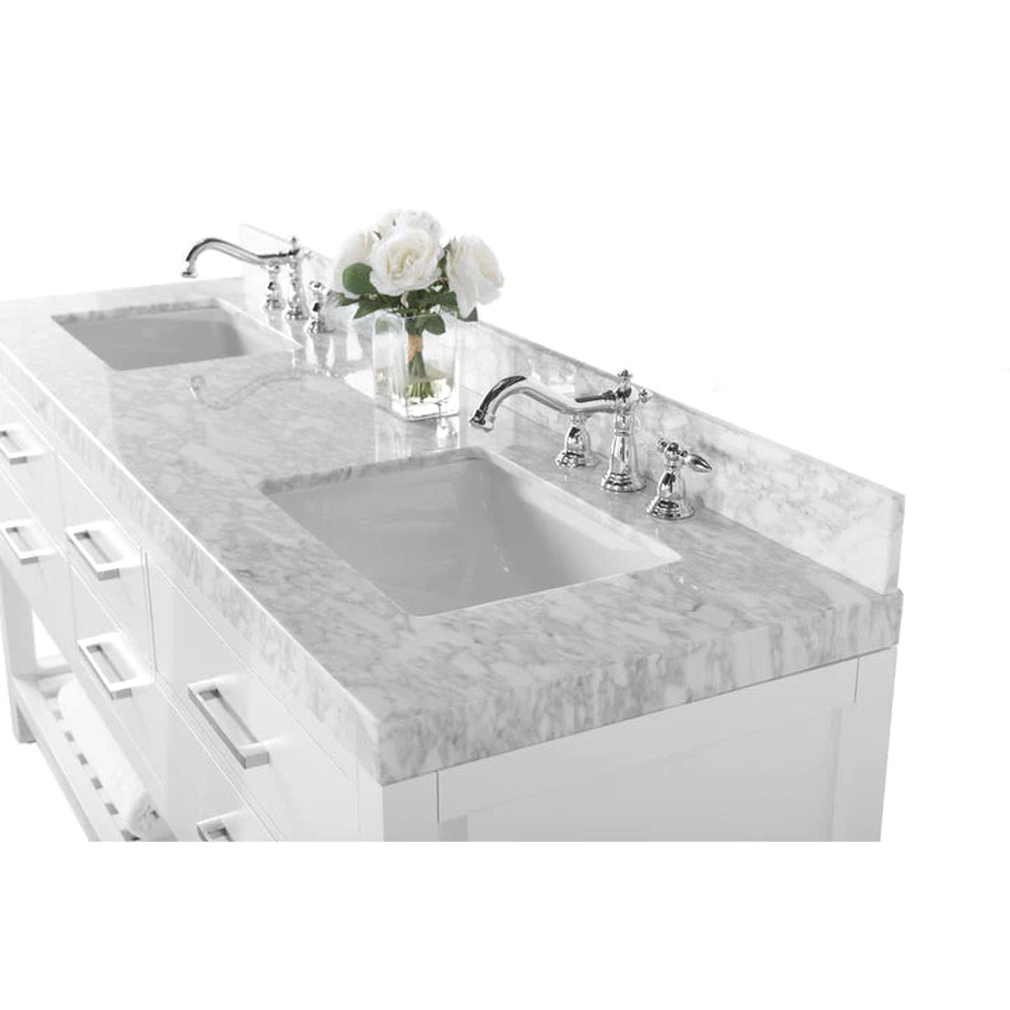 Ancerre Designs Elizabeth 72" White 4-Drawer 1-Shelf Bathroom Vanity With Italian Carrara White Marble Vanity Top, Double Undermount Ceramic Sinks, 4" Solid Wood Backsplash and Brushed Nickel Hardware