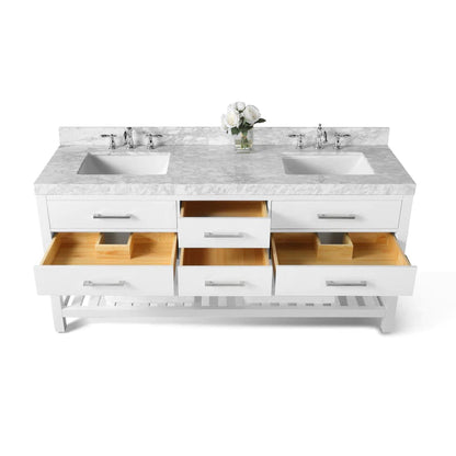 Ancerre Designs Elizabeth 72" White 4-Drawer 1-Shelf Bathroom Vanity With Italian Carrara White Marble Vanity Top, Double Undermount Ceramic Sinks, 4" Solid Wood Backsplash and Brushed Nickel Hardware