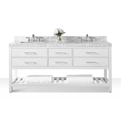 Ancerre Designs Elizabeth 72" White 4-Drawer 1-Shelf Bathroom Vanity With Italian Carrara White Marble Vanity Top, Double Undermount Ceramic Sinks, 4" Solid Wood Backsplash and Brushed Nickel Hardware