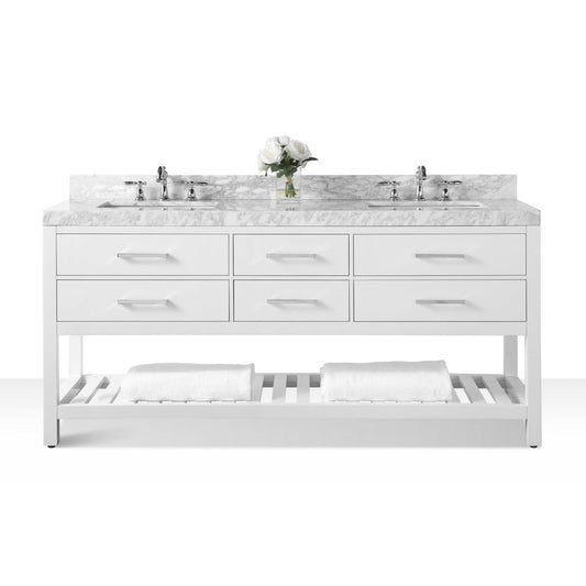 Ancerre Designs Elizabeth 72" White 4-Drawer 1-Shelf Bathroom Vanity With Italian Carrara White Marble Vanity Top, Double Undermount Ceramic Sinks, 4" Solid Wood Backsplash and Brushed Nickel Hardware