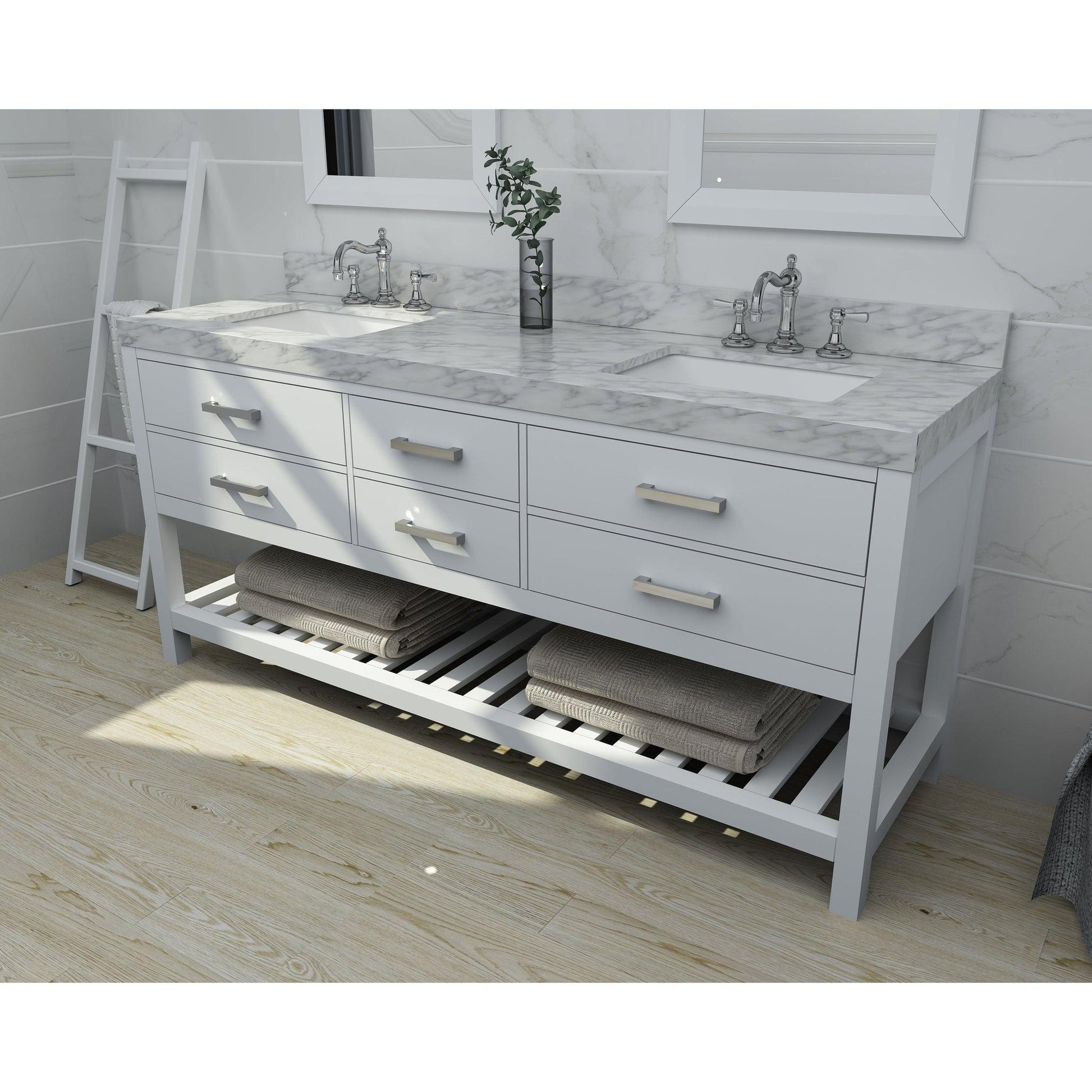 Ancerre Designs Elizabeth 72" White 4-Drawer 1-Shelf Bathroom Vanity With Italian Carrara White Marble Vanity Top, Double Undermount Ceramic Sinks, 4" Solid Wood Backsplash and Brushed Nickel Hardware