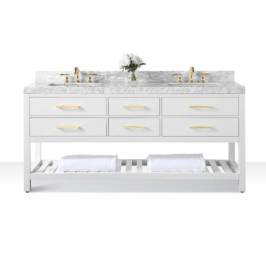 Ancerre Designs Elizabeth 72" White 4-Drawer 1-Shelve Bathroom Vanity With Italian Carrara White Marble Vanity Top, Double Undermount Ceramic Sinks, 4" Solid Wood Backsplash and Satin Brushed Gold Hardware