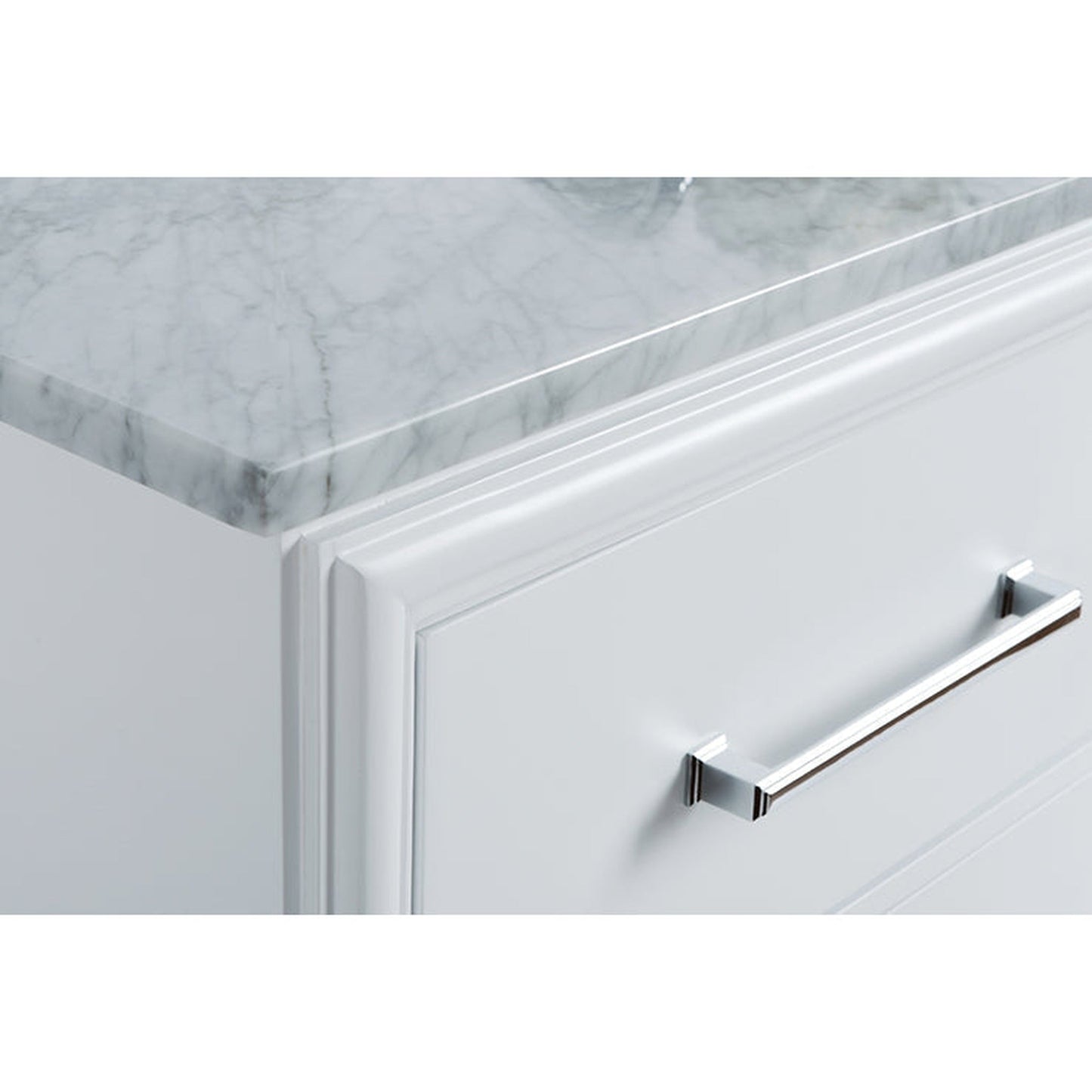 Ancerre Designs Ellie 42" White 6-Drawer Bathroom Vanity With Italian Carrara White Marble Vanity Top, Single Rectangular Undermount Ceramic Sink, 4" Solid Wood Backsplash and Polished Chrome Hardware