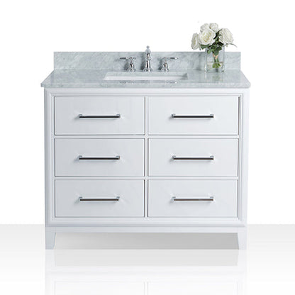 Ancerre Designs Ellie 42" White 6-Drawer Bathroom Vanity With Italian Carrara White Marble Vanity Top, Single Rectangular Undermount Ceramic Sink, 4" Solid Wood Backsplash and Polished Chrome Hardware