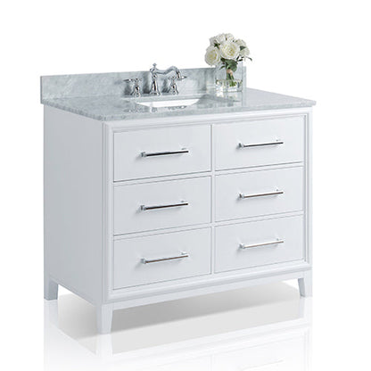 Ancerre Designs Ellie 42" White 6-Drawer Bathroom Vanity With Italian Carrara White Marble Vanity Top, Single Rectangular Undermount Ceramic Sink, 4" Solid Wood Backsplash and Polished Chrome Hardware