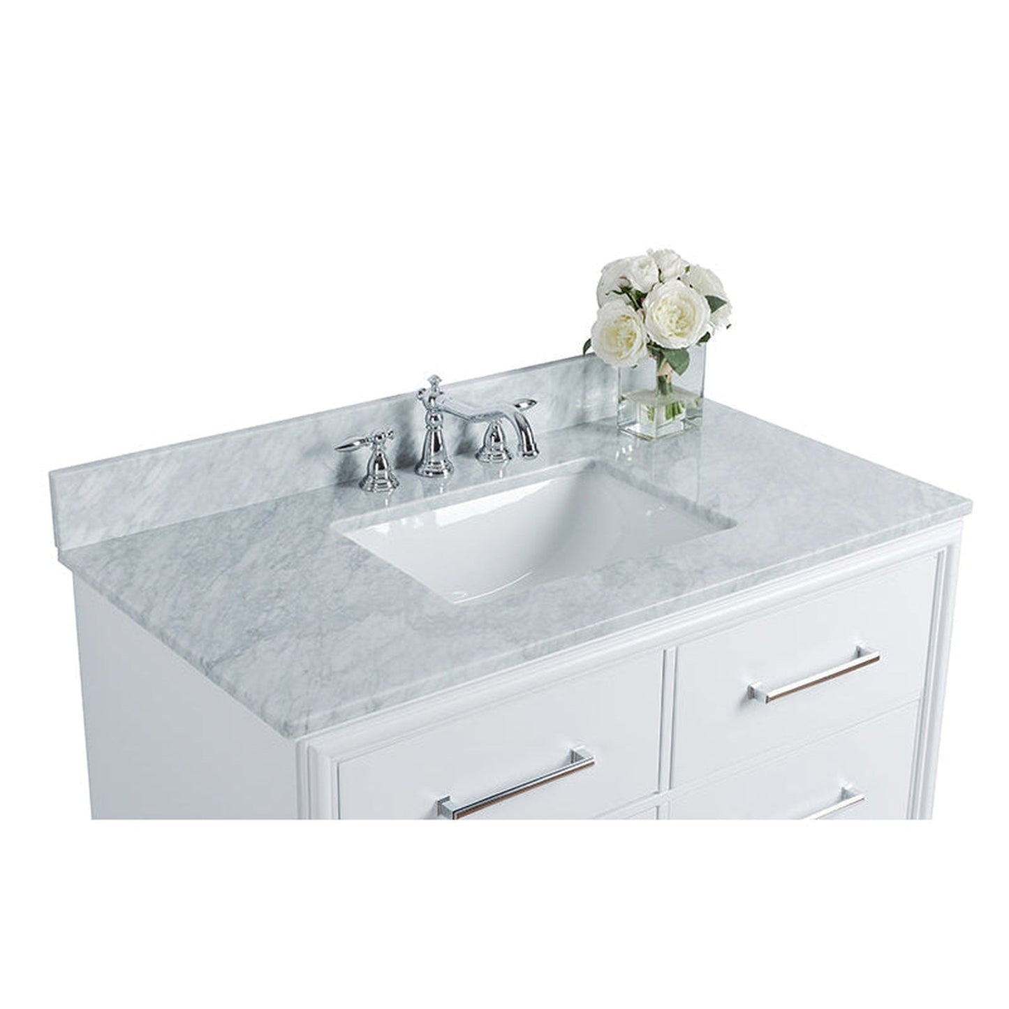 Ancerre Designs Ellie 42" White 6-Drawer Bathroom Vanity With Italian Carrara White Marble Vanity Top, Single Rectangular Undermount Ceramic Sink, 4" Solid Wood Backsplash and Polished Chrome Hardware