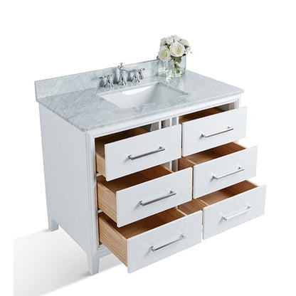 Ancerre Designs Ellie 42" White 6-Drawer Bathroom Vanity With Italian Carrara White Marble Vanity Top, Single Rectangular Undermount Ceramic Sink, 4" Solid Wood Backsplash and Polished Chrome Hardware