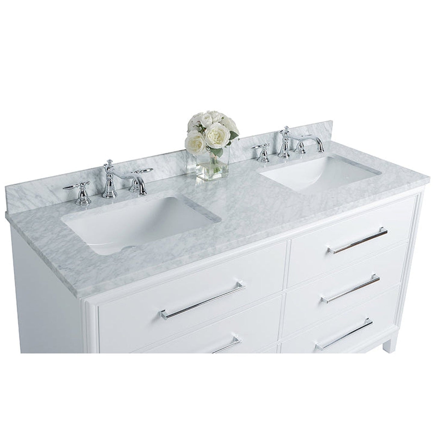 Ancerre Designs Ellie 60" White 6-Drawer Bathroom Vanity With Italian Carrara White Marble Vanity Top, Double Rectangular Undermount Ceramic Sinks, 4" Solid Wood Backsplash and Polished Chrome Hardware