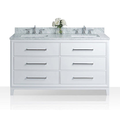 Ancerre Designs Ellie 60" White 6-Drawer Bathroom Vanity With Italian Carrara White Marble Vanity Top, Double Rectangular Undermount Ceramic Sinks, 4" Solid Wood Backsplash and Polished Chrome Hardware