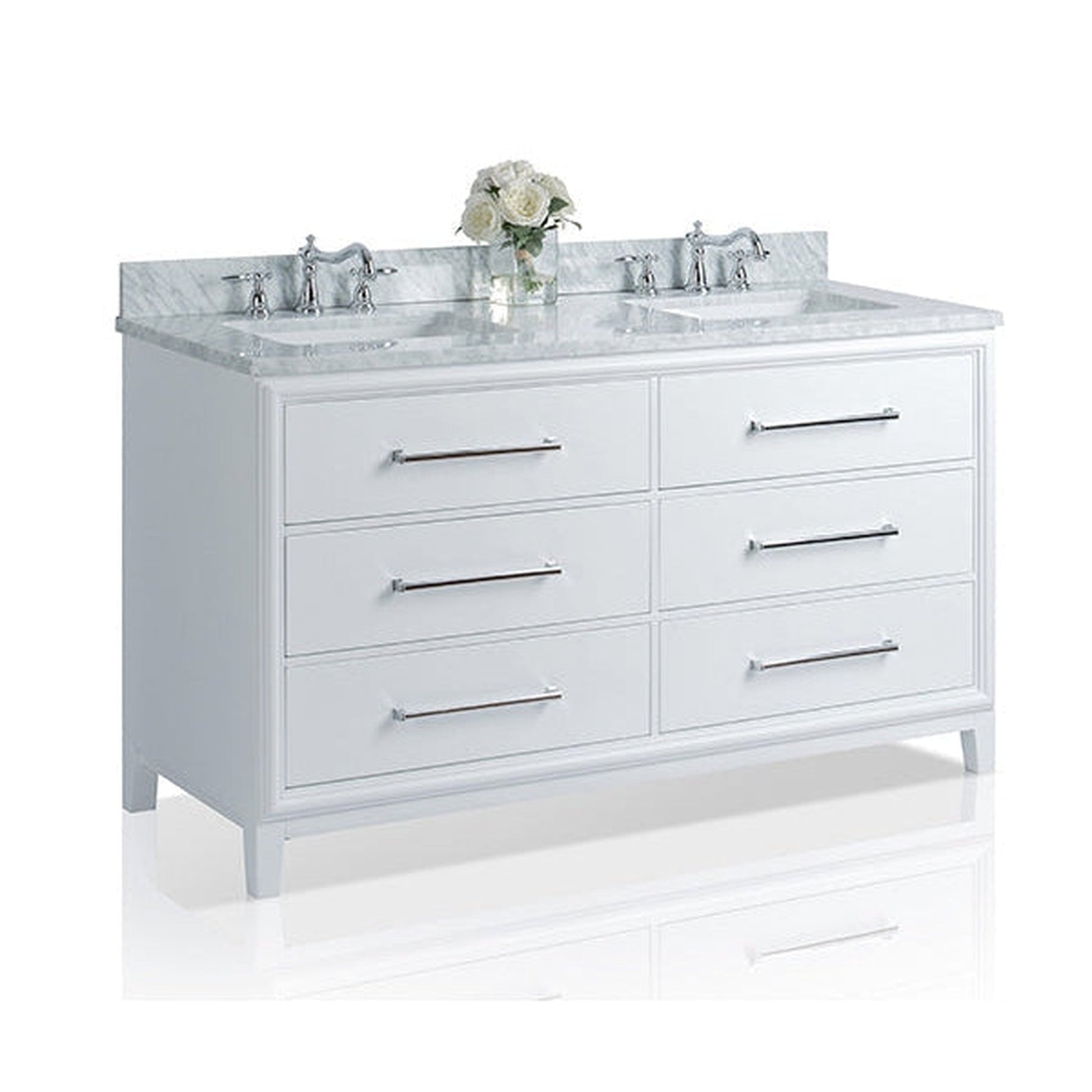 Ancerre Designs Ellie 60" White 6-Drawer Bathroom Vanity With Italian Carrara White Marble Vanity Top, Double Rectangular Undermount Ceramic Sinks, 4" Solid Wood Backsplash and Polished Chrome Hardware