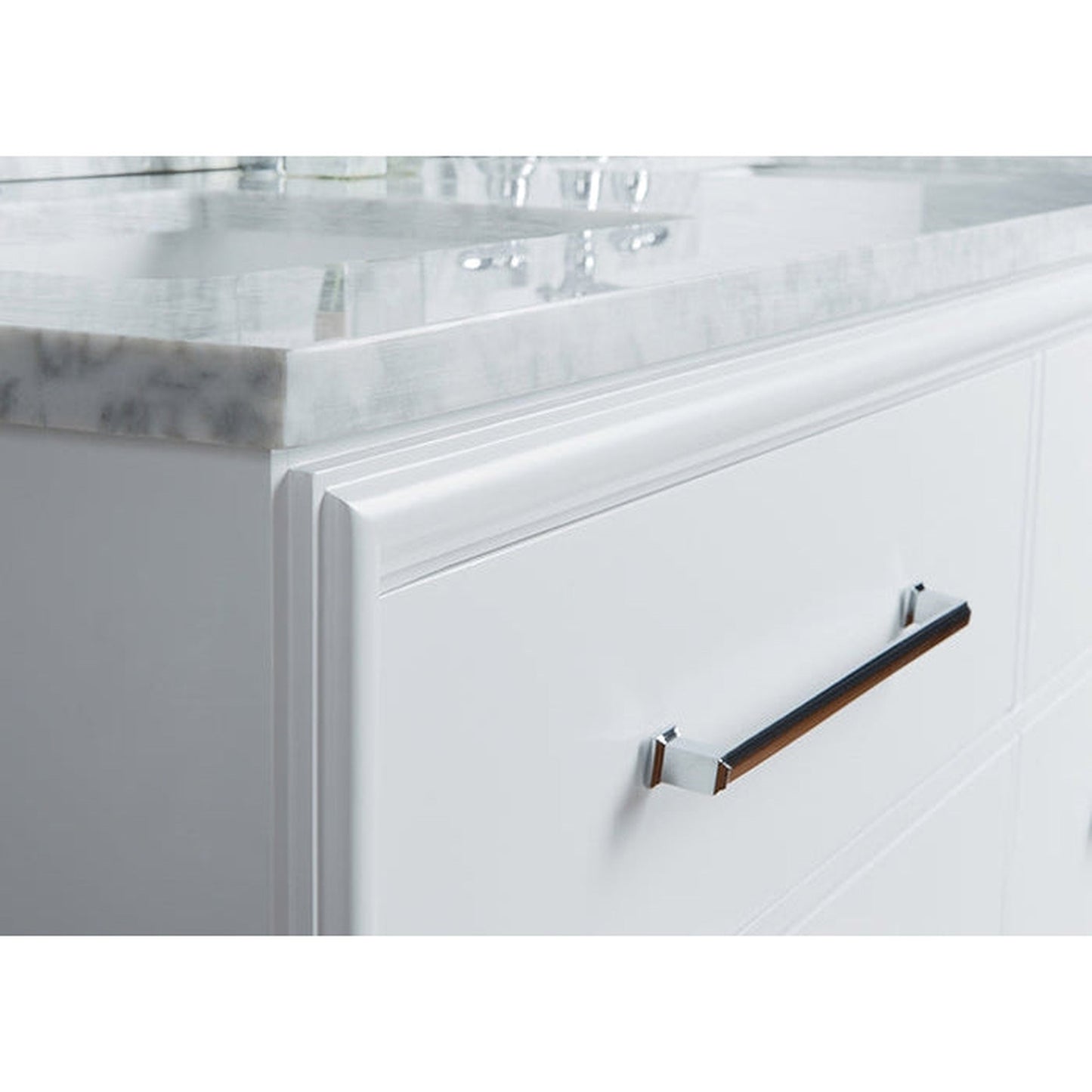 Ancerre Designs Ellie 60" White 6-Drawer Bathroom Vanity With Italian Carrara White Marble Vanity Top, Double Rectangular Undermount Ceramic Sinks, 4" Solid Wood Backsplash and Polished Chrome Hardware