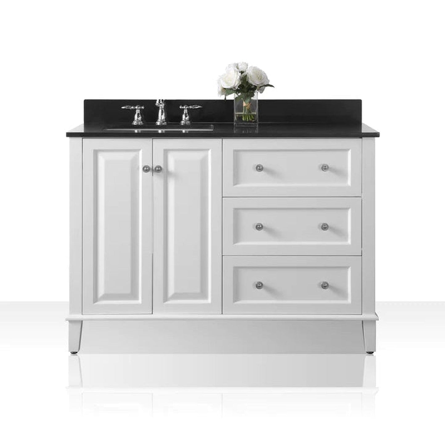 Ancerre Designs Hannah 48" 2-Doors, 3-Drawers White Bathroom Vanity Set With Black Quartz Vanity Top, Off Centered Left Single Rectangle Undermount Ceramic Sink, 4" Black Quartz Backsplash and Brushed Nickel Hardware