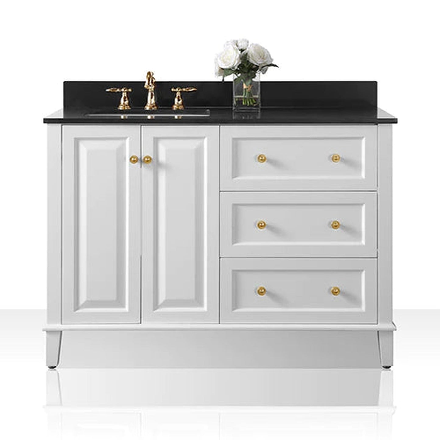 Ancerre Designs Hannah 48" 2-Doors, 3-Drawers White Bathroom Vanity Set With Black Quartz Vanity Top, Off Centered Left Single Rectangle Undermount Ceramic Sink, 4" Black Quartz Backsplash and Brushed Gold Finish Hardware