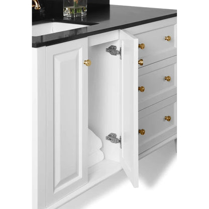 Ancerre Designs Hannah 48" 2-Doors, 3-Drawers White Bathroom Vanity Set With Black Quartz Vanity Top, Off Centered Left Single Rectangle Undermount Ceramic Sink, 4" Black Quartz Backsplash and Brushed Gold Finish Hardware