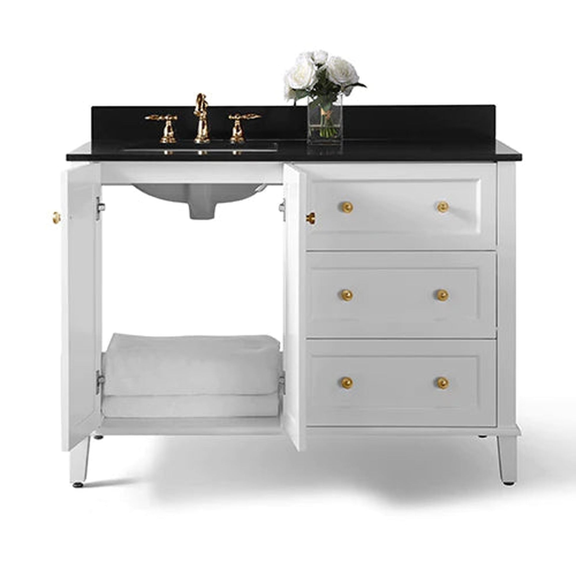 Ancerre Designs Hannah 48" 2-Doors, 3-Drawers White Bathroom Vanity Set With Black Quartz Vanity Top, Off Centered Left Single Rectangle Undermount Ceramic Sink, 4" Black Quartz Backsplash and Brushed Gold Finish Hardware