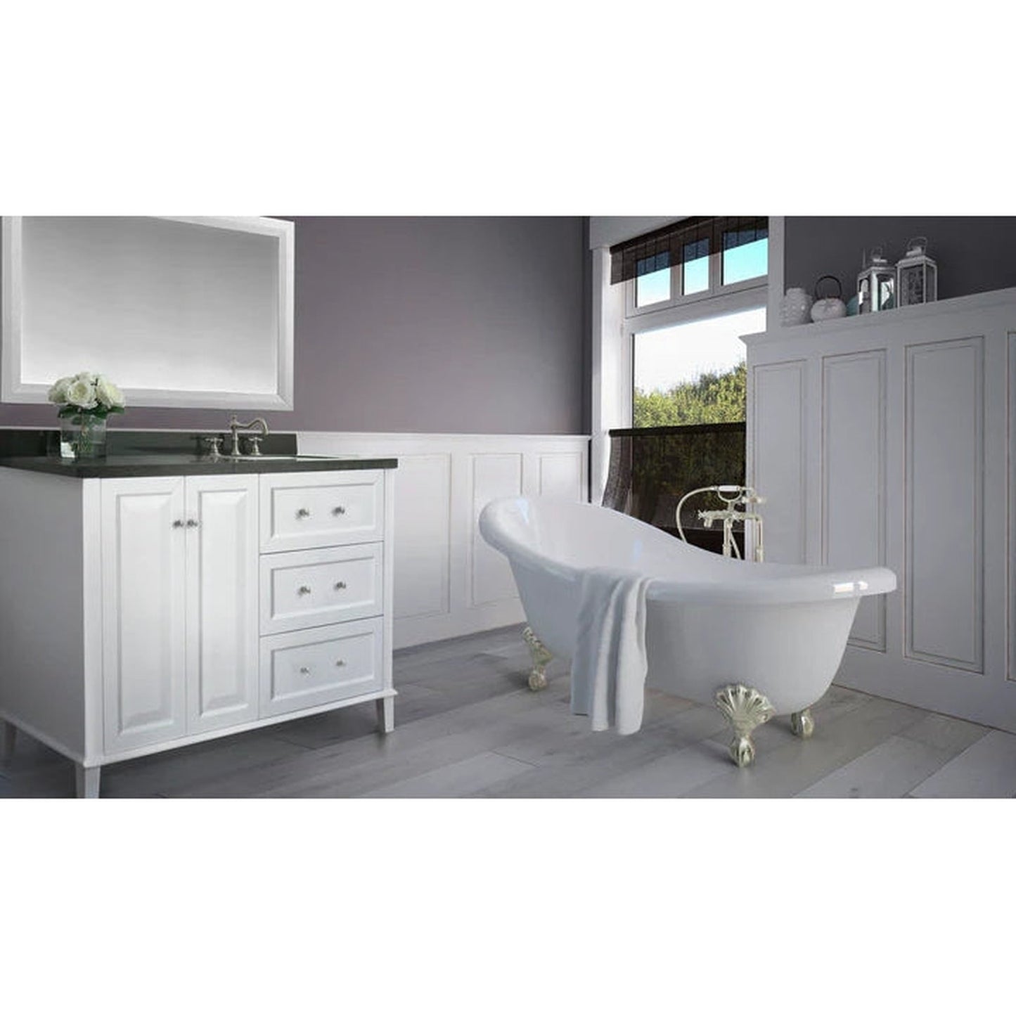 Ancerre Designs Hannah 48" 2-Doors, 3-Drawers White Bathroom Vanity Set With Black Quartz Vanity Top, Off Centered Left Single Rectangle Undermount Ceramic Sink, 4" Black Quartz Backsplash and Brushed Nickel Hardware