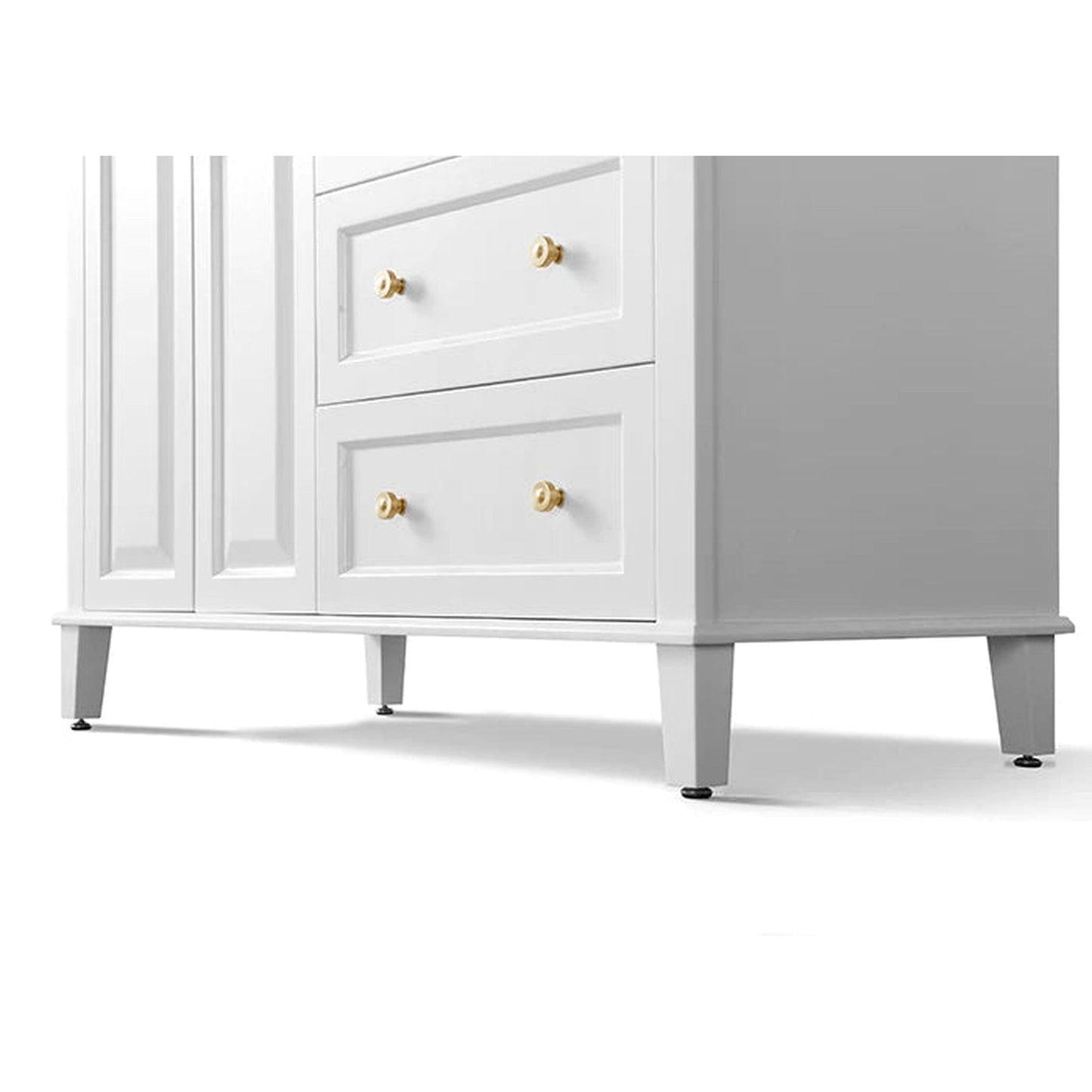 Ancerre Designs Hannah 48" 2-Doors, 3-Drawers White Bathroom Vanity Set With Black Quartz Vanity Top, Off Centered Left Single Rectangle Undermount Ceramic Sink, 4" Black Quartz Backsplash and Brushed Gold Finish Hardware