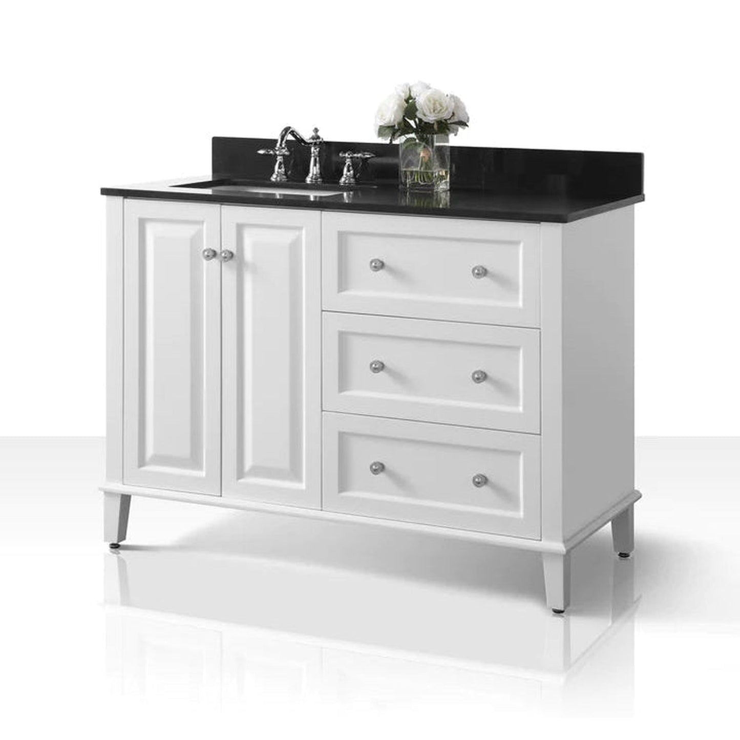 Ancerre Designs Hannah 48" 2-Doors, 3-Drawers White Bathroom Vanity Set With Black Quartz Vanity Top, Off Centered Left Single Rectangle Undermount Ceramic Sink, 4" Black Quartz Backsplash and Brushed Nickel Hardware