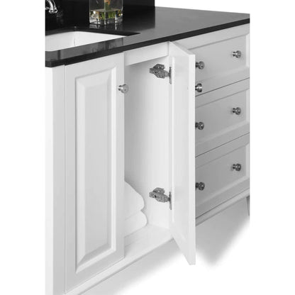 Ancerre Designs Hannah 48" 2-Doors, 3-Drawers White Bathroom Vanity Set With Black Quartz Vanity Top, Off Centered Left Single Rectangle Undermount Ceramic Sink, 4" Black Quartz Backsplash and Brushed Nickel Hardware