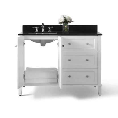 Ancerre Designs Hannah 48" 2-Doors, 3-Drawers White Bathroom Vanity Set With Black Quartz Vanity Top, Off Centered Left Single Rectangle Undermount Ceramic Sink, 4" Black Quartz Backsplash and Brushed Nickel Hardware