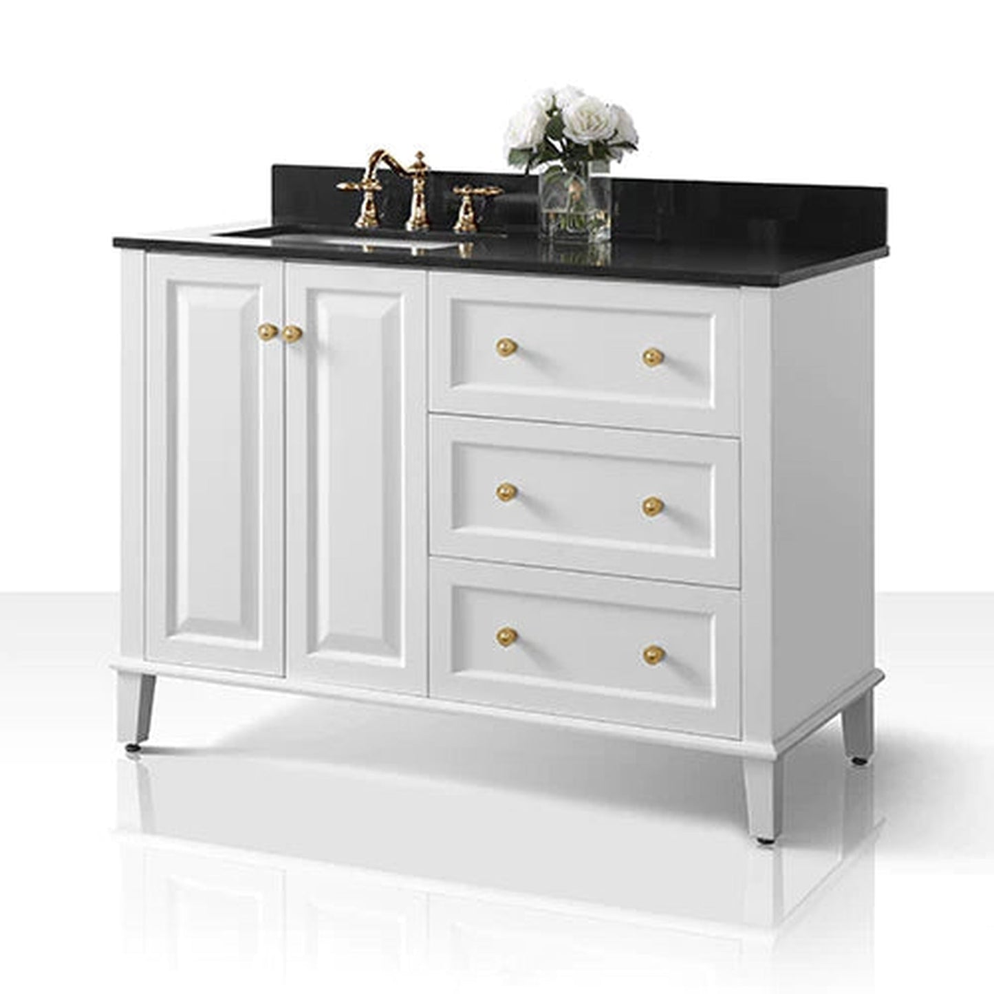 Ancerre Designs Hannah 48" 2-Doors, 3-Drawers White Bathroom Vanity Set With Black Quartz Vanity Top, Off Centered Left Single Rectangle Undermount Ceramic Sink, 4" Black Quartz Backsplash and Brushed Gold Finish Hardware