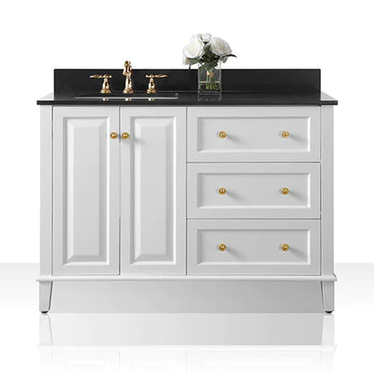 Ancerre Designs Hannah 48" White 2-Doors, 3-Drawers Bathroom Vanity Set With Black Quartz Vanity Top, Off Centered Left Single Rectangle Undermount Ceramic Sink, 4" Black Quartz Backsplash and Brushed Gold Finish Hardware