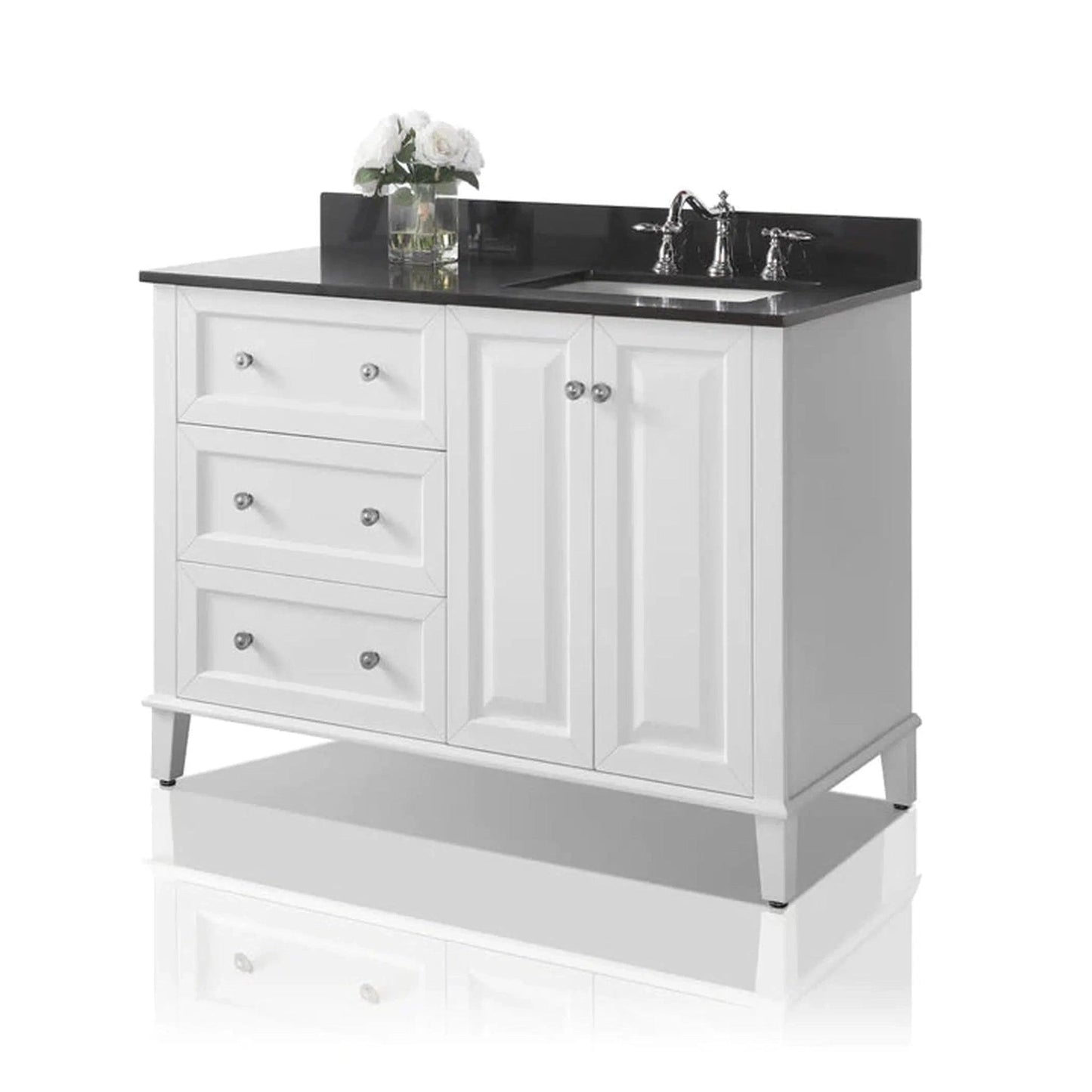 Ancerre Designs Hannah 48" White 2-Doors, 3-Drawers Bathroom Vanity Set With Black Quartz Vanity Top, Off Centered Right Single Rectangle Undermount Ceramic Sink, 4" Black Quartz Backsplash and Brushed Nickel Finish Hardware