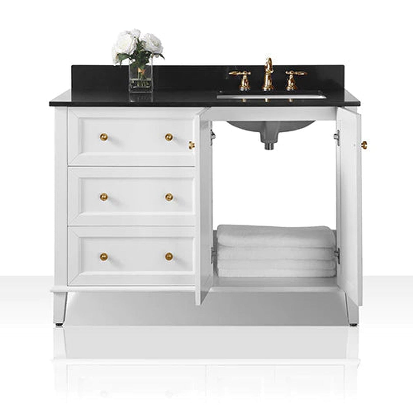 Ancerre Designs Hannah 48" White 2-Doors, 3-Drawers Bathroom Vanity Set With Black Quartz Vanity Top, Off Centered Right Single Rectangle Undermount Ceramic Sink, 4" Black Quartz Backsplash and Brushed Gold Finish Hardware