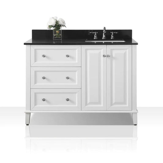 Ancerre Designs Hannah 48" White 2-Doors, 3-Drawers Bathroom Vanity Set With Black Quartz Vanity Top, Off Centered Right Single Rectangle Undermount Ceramic Sink, 4" Black Quartz Backsplash and Brushed Nickel Finish Hardware