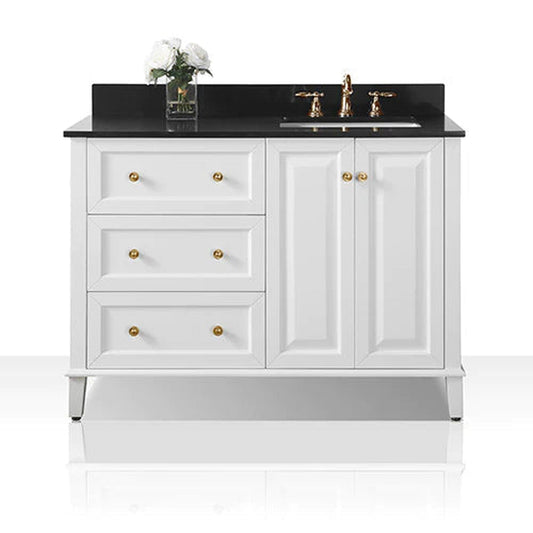 Ancerre Designs Hannah 48" White 2-Doors, 3-Drawers Bathroom Vanity Set With Black Quartz Vanity Top, Off Centered Right Single Rectangle Undermount Ceramic Sink, 4" Black Quartz Backsplash and Brushed Gold Finish Hardware