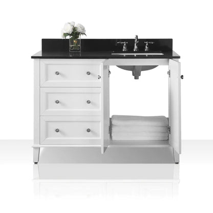 Ancerre Designs Hannah 48" White 2-Doors, 3-Drawers Bathroom Vanity Set With Black Quartz Vanity Top, Off Centered Right Single Rectangle Undermount Ceramic Sink, 4" Black Quartz Backsplash and Brushed Nickel Finish Hardware