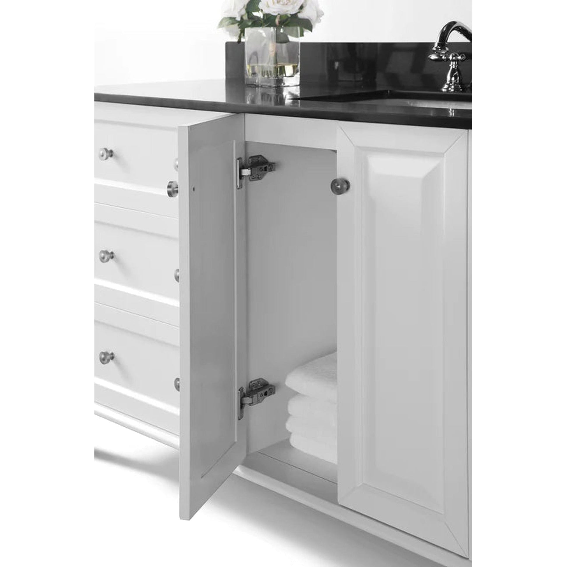 Ancerre Designs Hannah 48" White 2-Doors, 3-Drawers Bathroom Vanity Set With Black Quartz Vanity Top, Off Centered Right Single Rectangle Undermount Ceramic Sink, 4" Black Quartz Backsplash and Brushed Nickel Finish Hardware