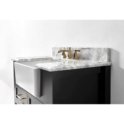 Ancerre Designs Hayley 36" Black Onyx 2-Drawer 1-Shelve Bathroom Vanity With Italian Carrara White Marble Vanity Top, Single Farmhouse Undermount Apron Ceramic Sink, 4" White Marble Backsplash and Satin Brushed Gold Hardware