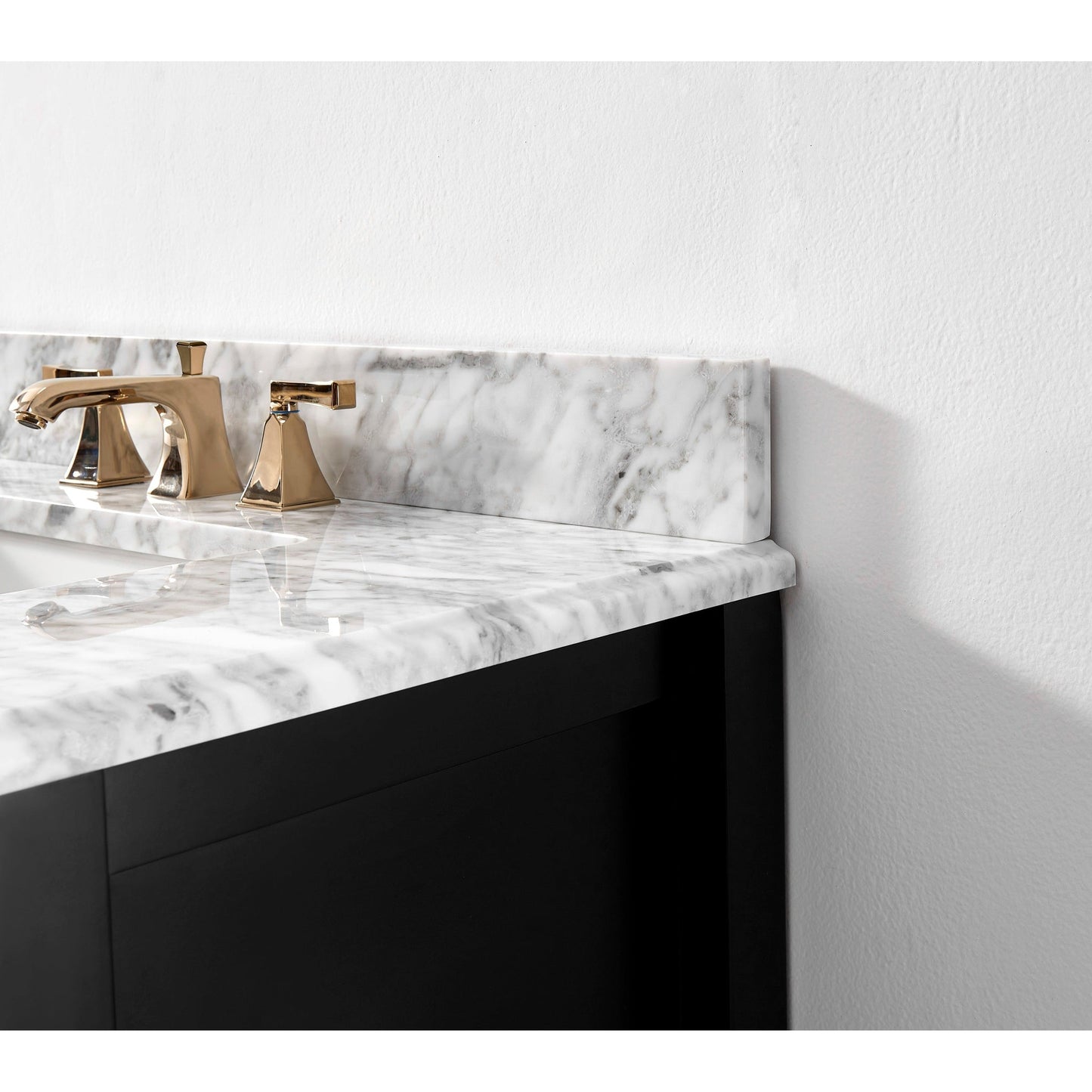 Ancerre Designs Hayley 36" Black Onyx 2-Drawer 1-Shelve Bathroom Vanity With Italian Carrara White Marble Vanity Top, Single Farmhouse Undermount Apron Ceramic Sink, 4" White Marble Backsplash and Satin Brushed Gold Hardware