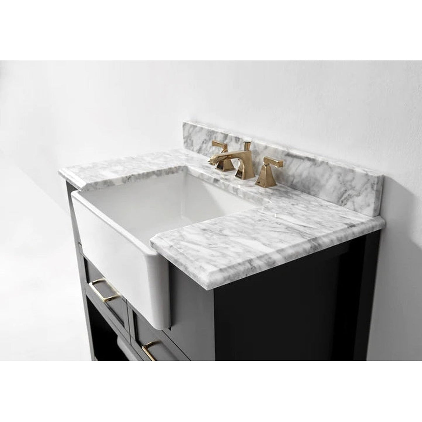 Ancerre Designs Hayley 36" Black Onyx 2-Drawer 1-Shelve Bathroom Vanity With Italian Carrara White Marble Vanity Top, Single Farmhouse Undermount Apron Ceramic Sink, 4" White Marble Backsplash and Satin Brushed Gold Hardware