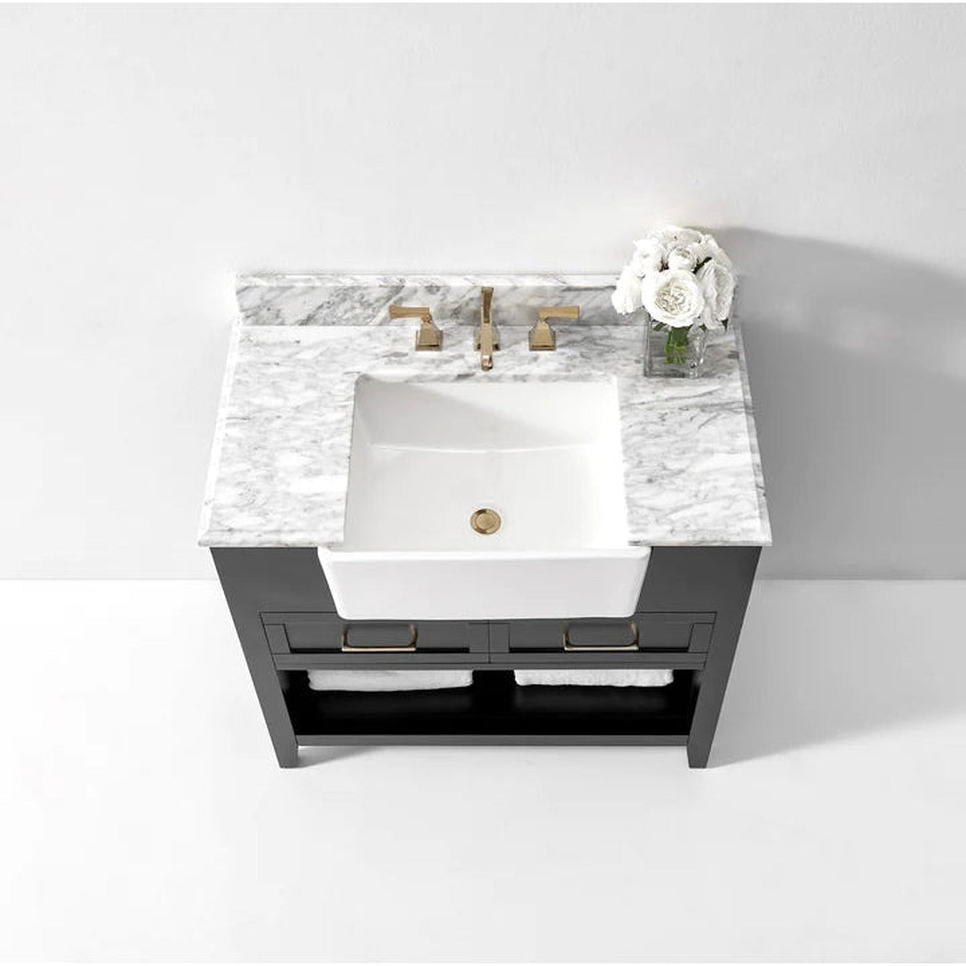 Ancerre Designs Hayley 36" Black Onyx 2-Drawer 1-Shelve Bathroom Vanity With Italian Carrara White Marble Vanity Top, Single Farmhouse Undermount Apron Ceramic Sink, 4" White Marble Backsplash and Satin Brushed Gold Hardware