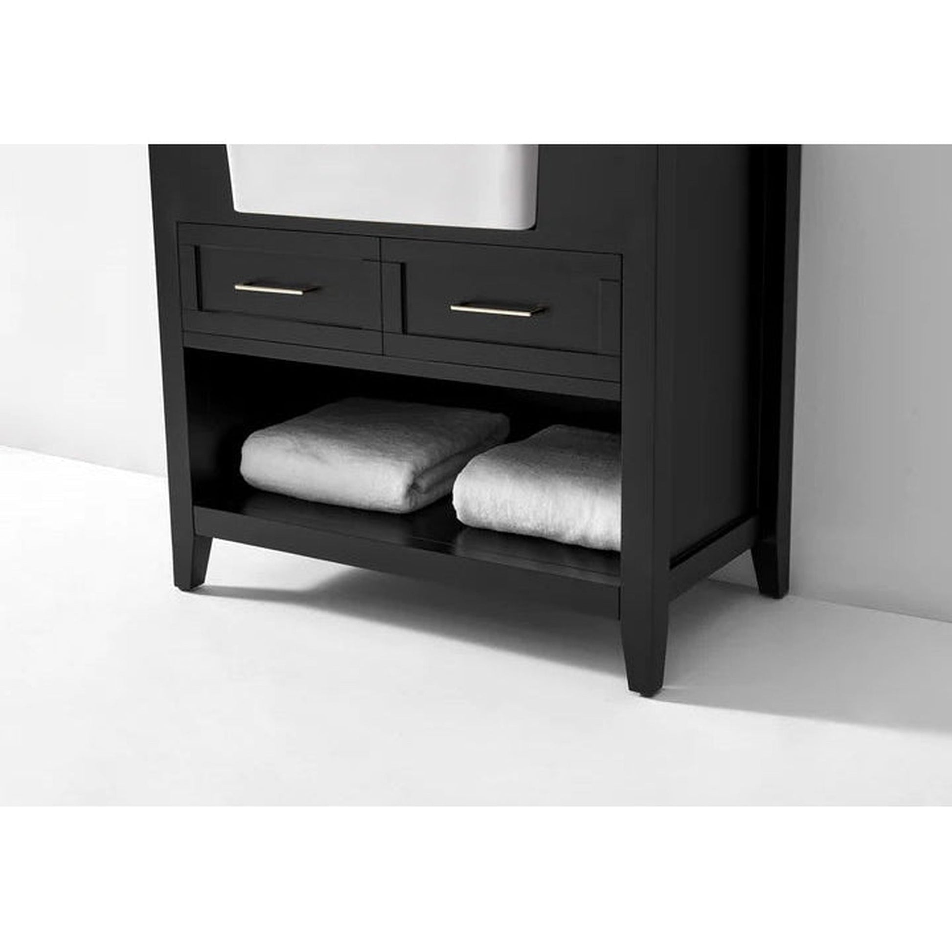 Ancerre Designs Hayley 36" Black Onyx 2-Drawer 1-Shelve Bathroom Vanity With Italian Carrara White Marble Vanity Top, Single Farmhouse Undermount Apron Ceramic Sink, 4" White Marble Backsplash and Satin Brushed Gold Hardware