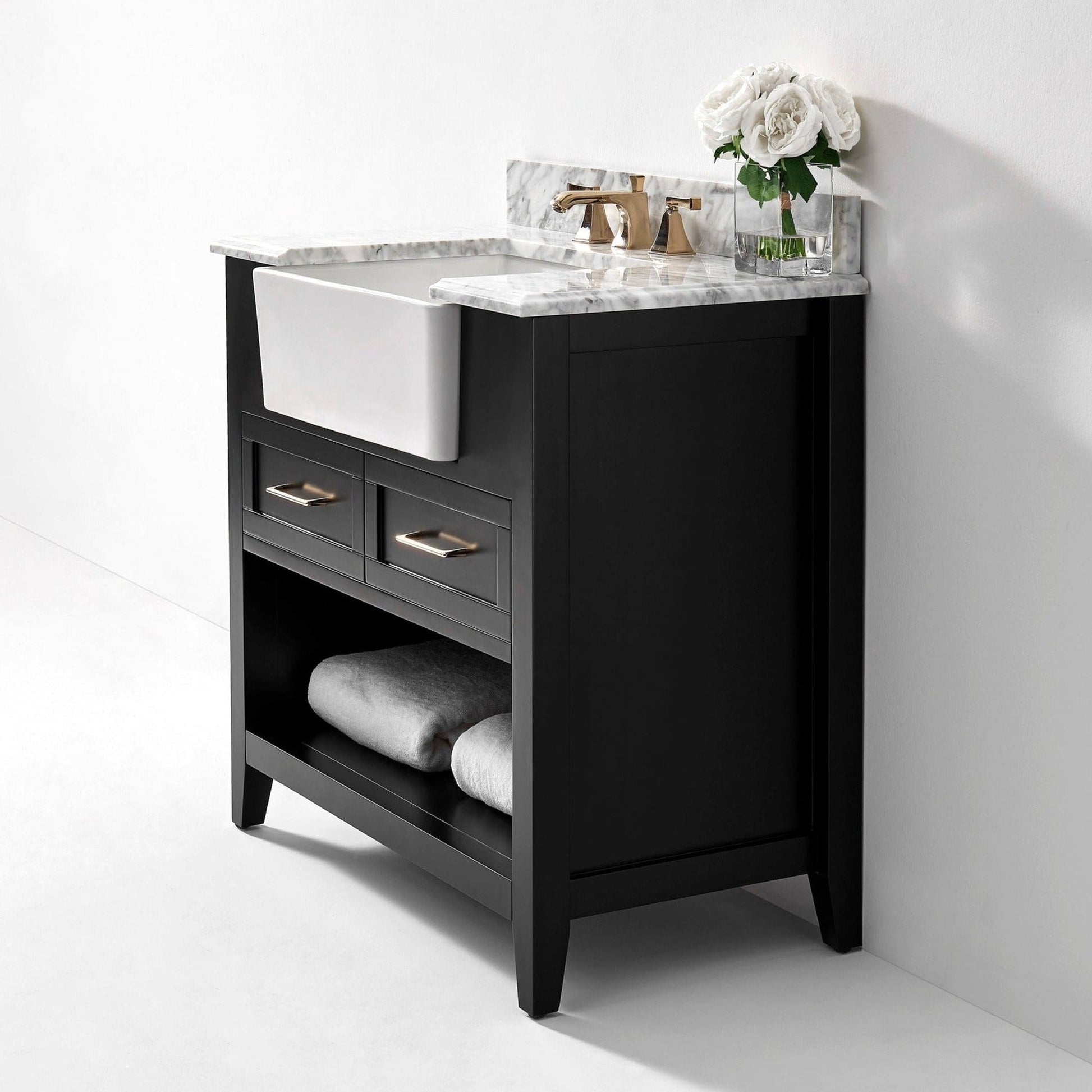 Ancerre Designs Hayley 36" Black Onyx 2-Drawer 1-Shelve Bathroom Vanity With Italian Carrara White Marble Vanity Top, Single Farmhouse Undermount Apron Ceramic Sink, 4" White Marble Backsplash and Satin Brushed Gold Hardware