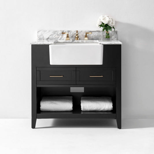 Ancerre Designs Hayley 36" Black Onyx 2-Drawer 1-Shelve Bathroom Vanity With Italian Carrara White Marble Vanity Top, Single Farmhouse Undermount Apron Ceramic Sink, 4" White Marble Backsplash and Satin Brushed Gold Hardware