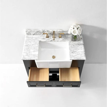 Ancerre Designs Hayley 36" Black Onyx 2-Drawer 1-Shelve Bathroom Vanity With Italian Carrara White Marble Vanity Top, Single Farmhouse Undermount Apron Ceramic Sink, 4" White Marble Backsplash and Satin Brushed Gold Hardware