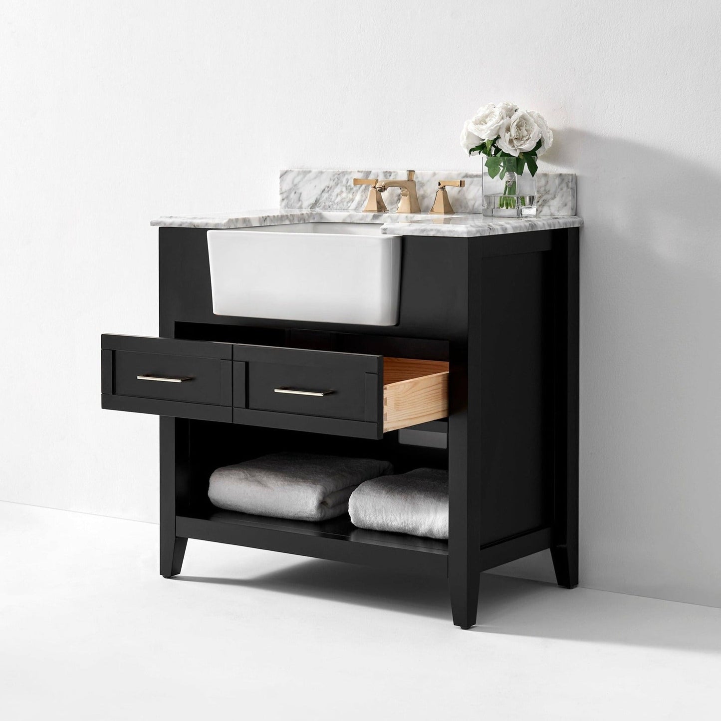 Ancerre Designs Hayley 36" Black Onyx 2-Drawer 1-Shelve Bathroom Vanity With Italian Carrara White Marble Vanity Top, Single Farmhouse Undermount Apron Ceramic Sink, 4" White Marble Backsplash and Satin Brushed Gold Hardware