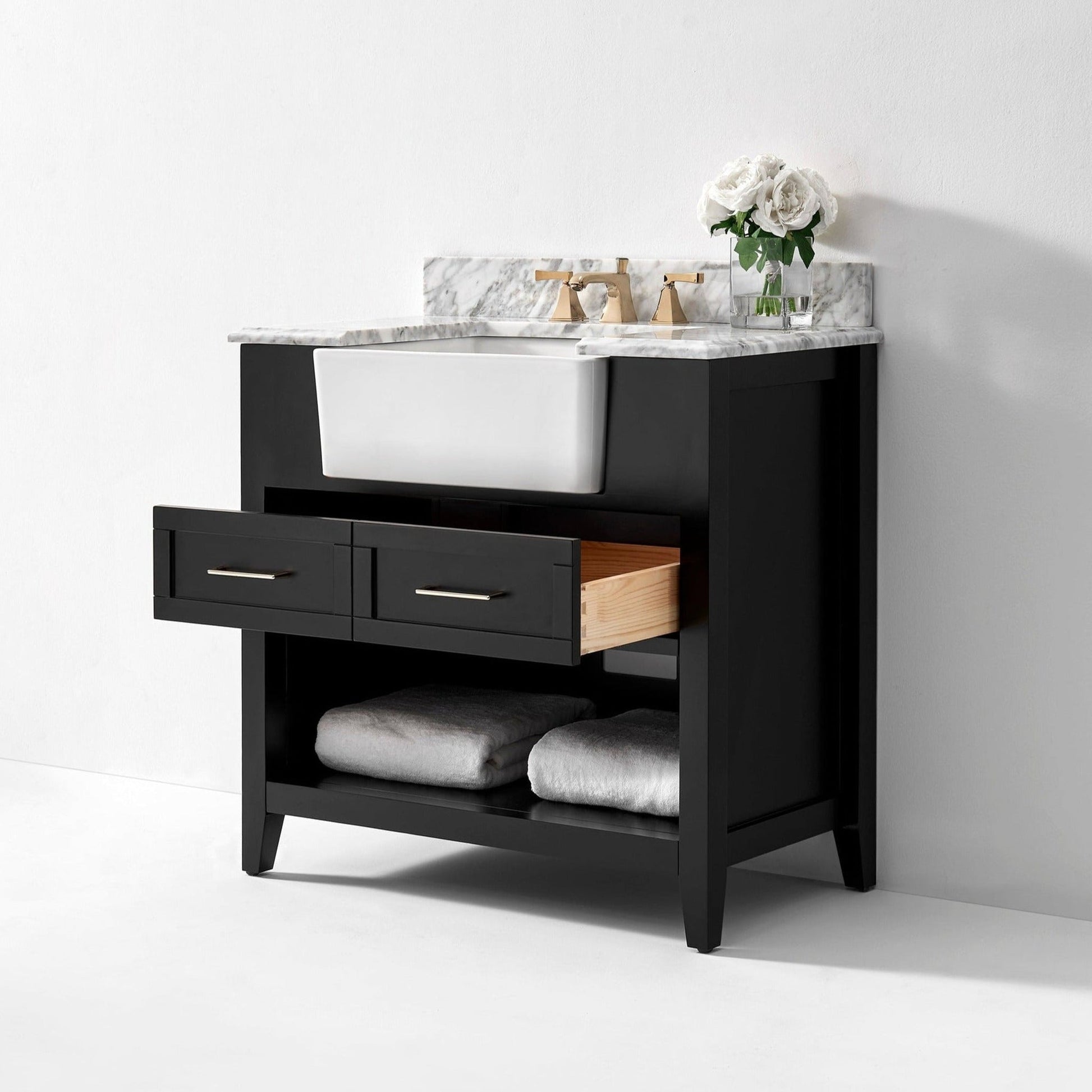 Ancerre Designs Hayley 36" Black Onyx 2-Drawer 1-Shelve Bathroom Vanity With Italian Carrara White Marble Vanity Top, Single Farmhouse Undermount Apron Ceramic Sink, 4" White Marble Backsplash and Satin Brushed Gold Hardware