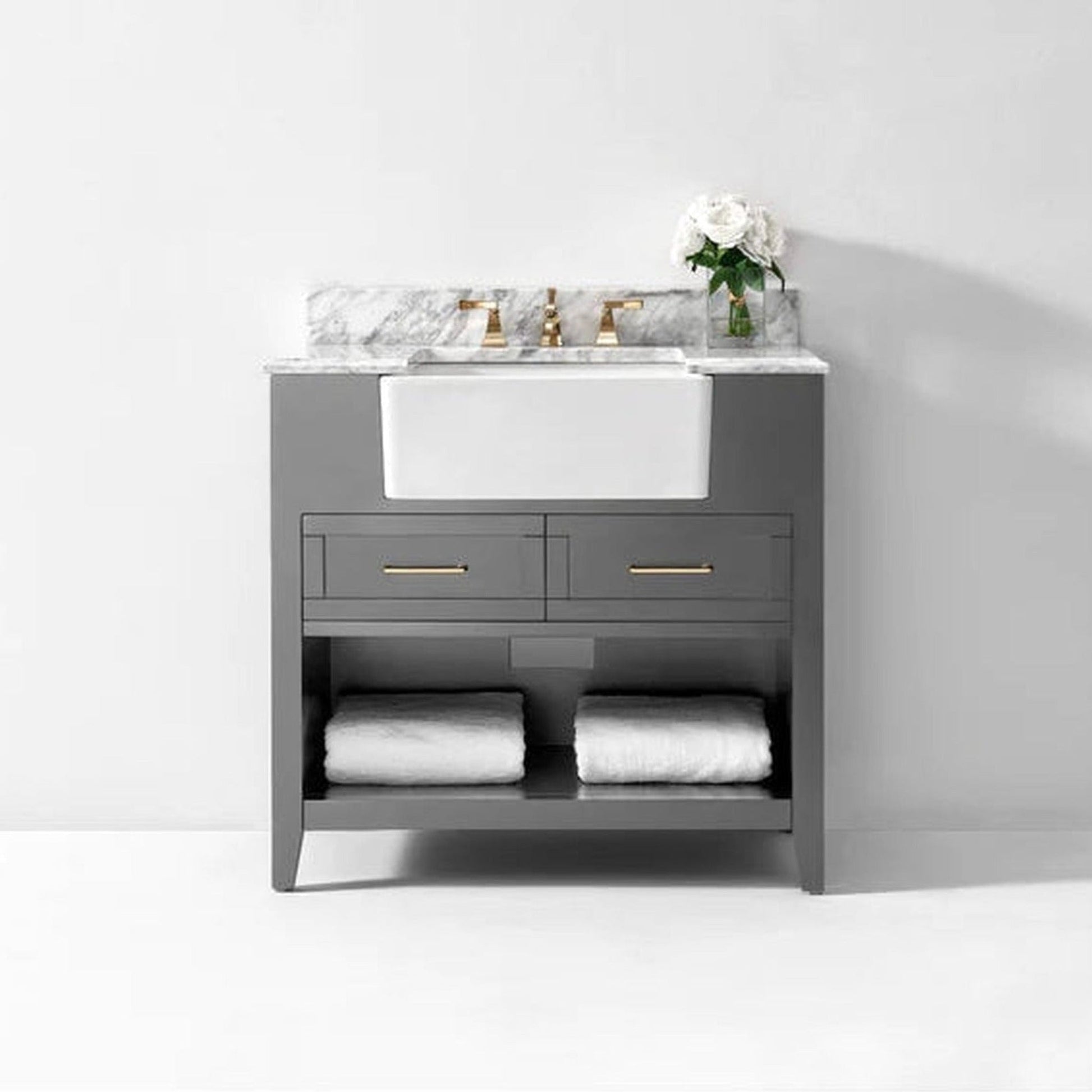 Ancerre Designs Hayley 36" Sea Cloud Gray 2-Drawer 1-Shelve Bathroom Vanity With Italian Carrara White Marble Vanity Top, Single Farmhouse Undermount Apron Ceramic Sink, 4" White Marble Backsplash and Satin Brushed Gold Hardware