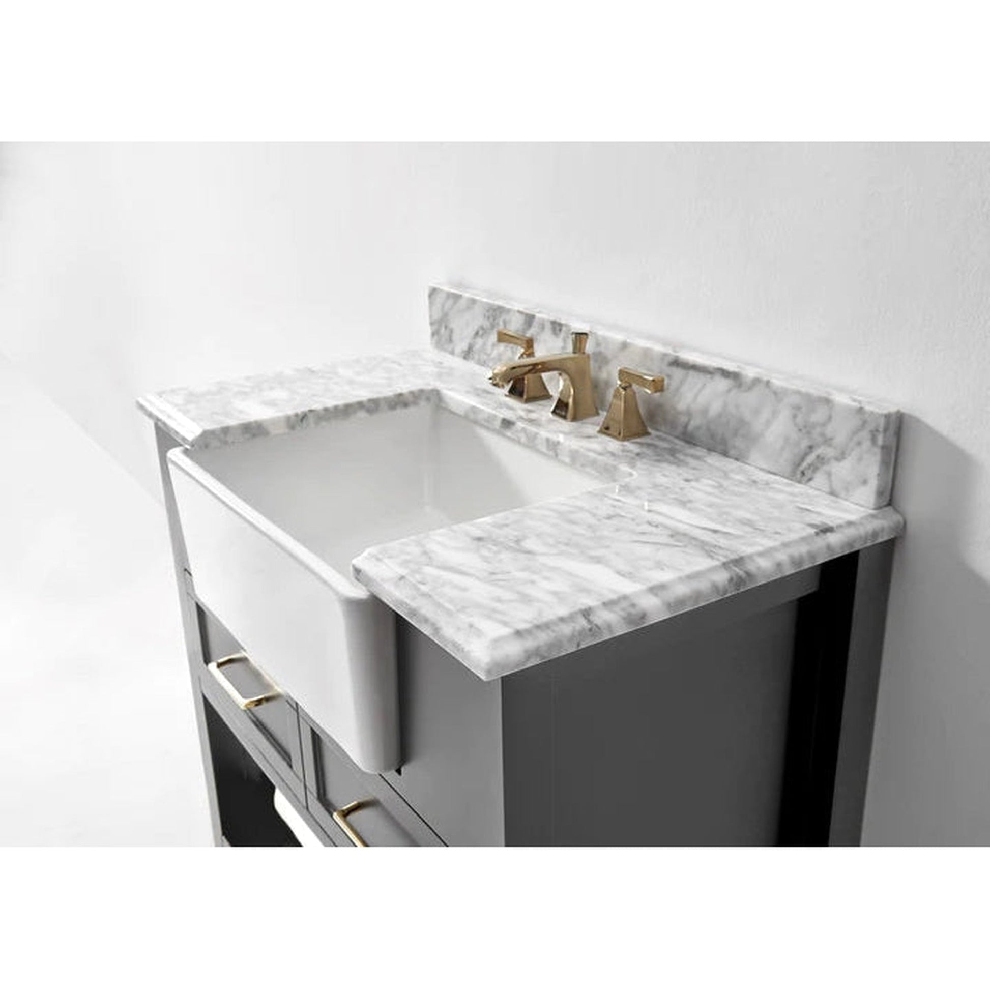 Ancerre Designs Hayley 36" Sea Cloud Gray 2-Drawer 1-Shelve Bathroom Vanity With Italian Carrara White Marble Vanity Top, Single Farmhouse Undermount Apron Ceramic Sink, 4" White Marble Backsplash and Satin Brushed Gold Hardware