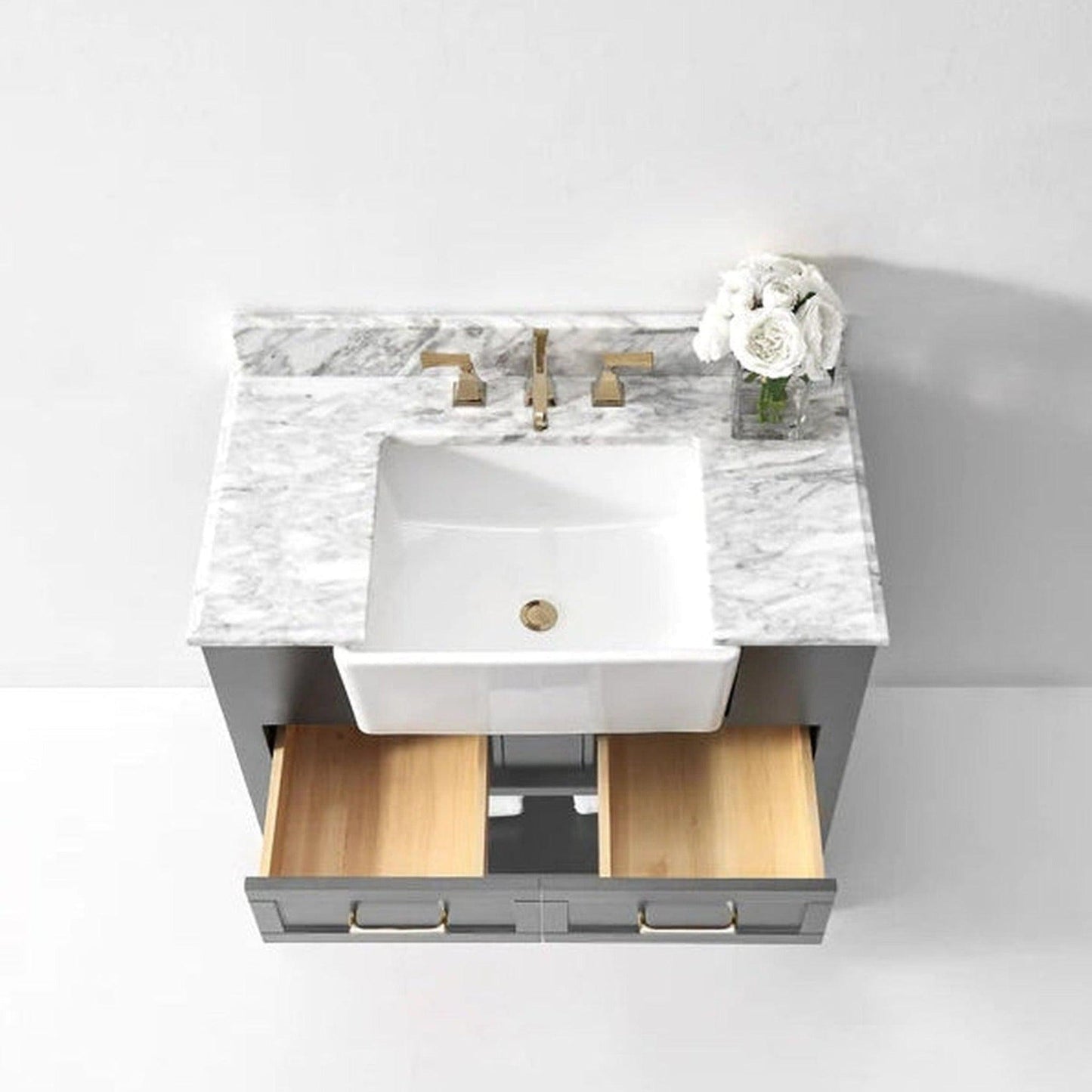 Ancerre Designs Hayley 36" Sea Cloud Gray 2-Drawer 1-Shelve Bathroom Vanity With Italian Carrara White Marble Vanity Top, Single Farmhouse Undermount Apron Ceramic Sink, 4" White Marble Backsplash and Satin Brushed Gold Hardware