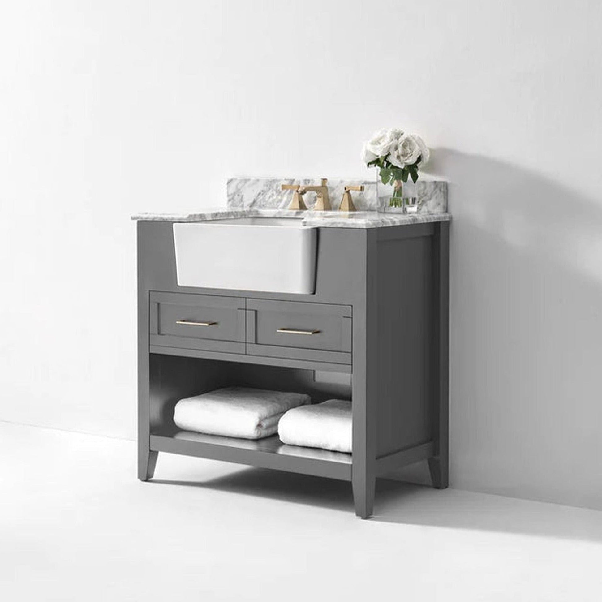 Ancerre Designs Hayley 36" Sea Cloud Gray 2-Drawer 1-Shelve Bathroom Vanity With Italian Carrara White Marble Vanity Top, Single Farmhouse Undermount Apron Ceramic Sink, 4" White Marble Backsplash and Satin Brushed Gold Hardware