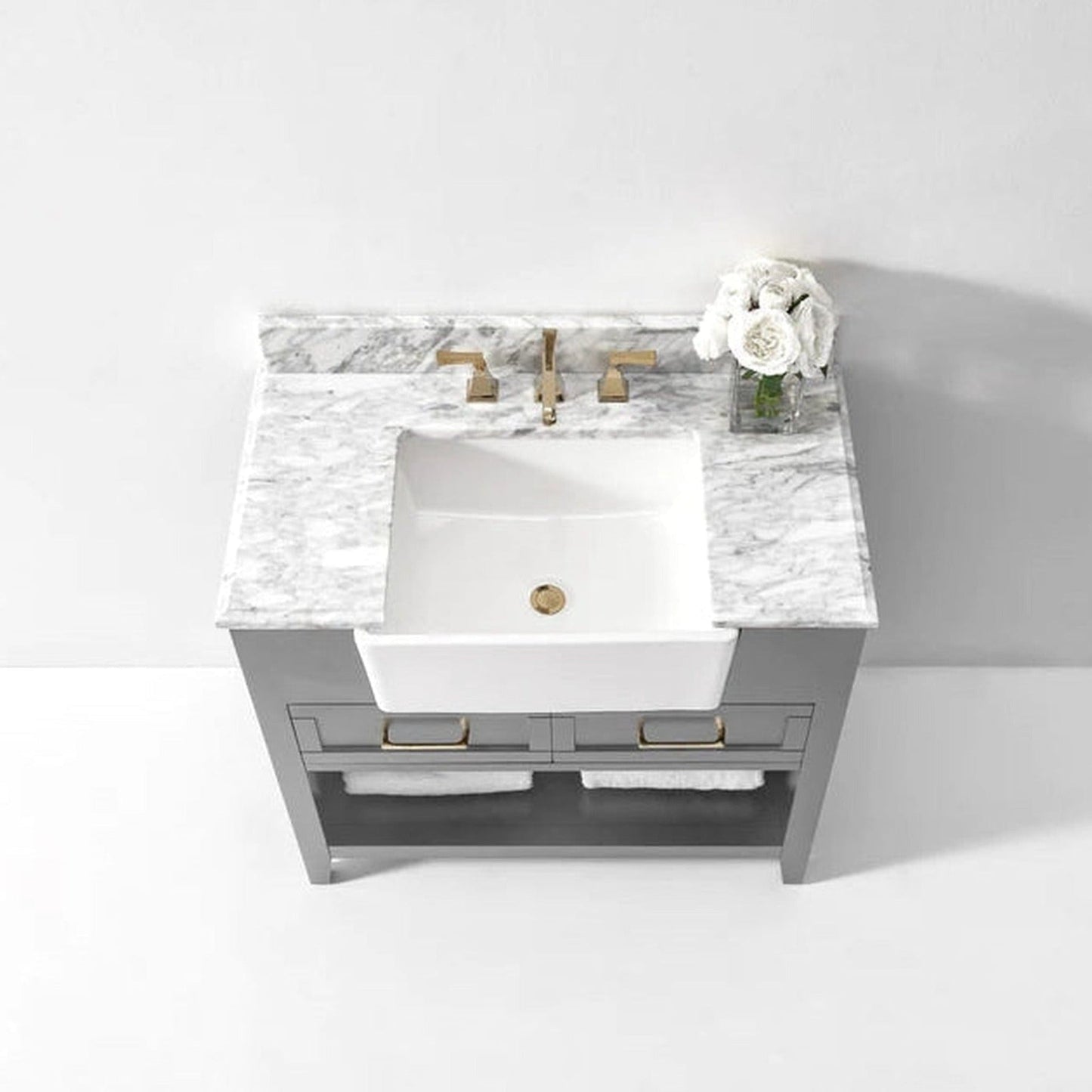 Ancerre Designs Hayley 36" Sea Cloud Gray 2-Drawer 1-Shelve Bathroom Vanity With Italian Carrara White Marble Vanity Top, Single Farmhouse Undermount Apron Ceramic Sink, 4" White Marble Backsplash and Satin Brushed Gold Hardware