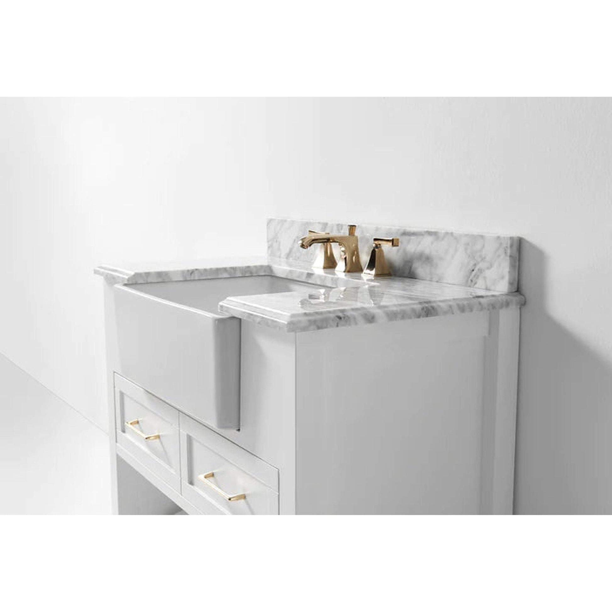 Ancerre Designs Hayley 36" White 2-Drawer 1-Shelf Bathroom Vanity With Italian Carrara White Marble Vanity Top, Single Farmhouse Undermount Apron Ceramic Sink, 4" White Marble Backsplash and Satin Brushed Gold Hardware